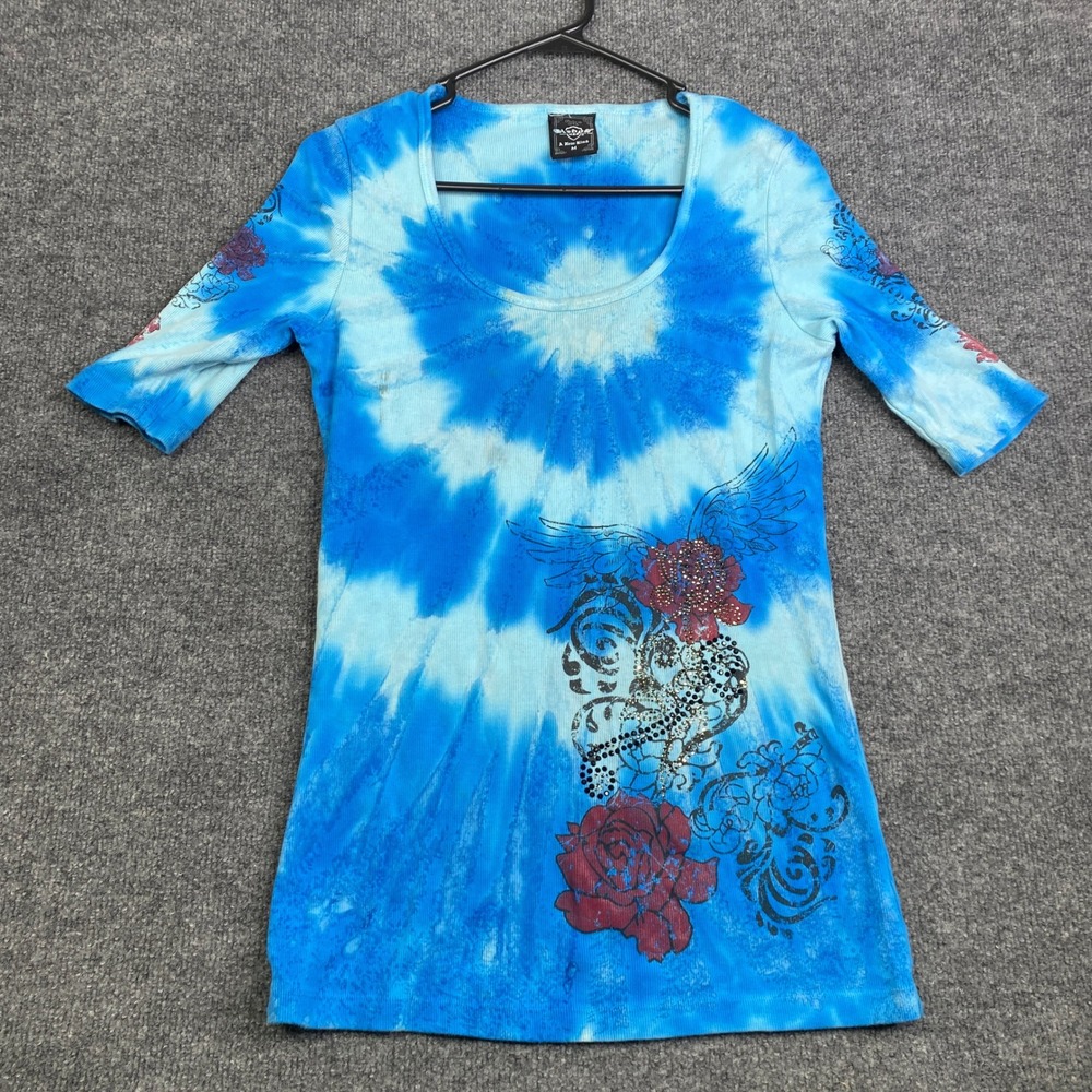 VTG Sledge USA Womens Tie Dye Graphic Top Blue Rhinestone Rose Y2K
